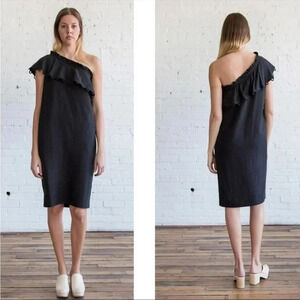 Apiece apart one shoulder tencel linen black mini dress